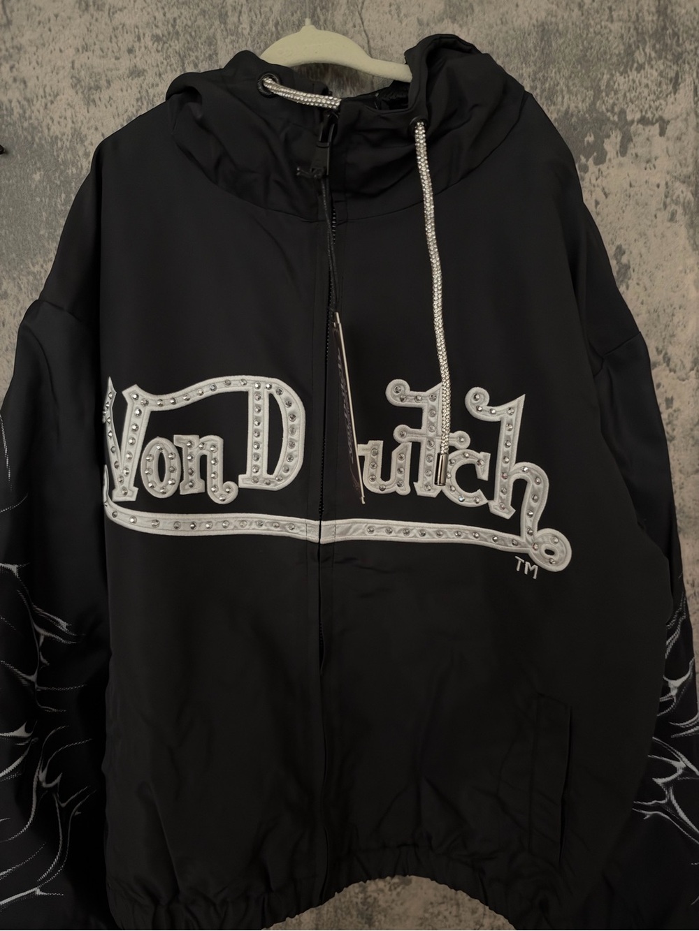Von Dutch Black Hooded Windbreaker with Rhinestone Logo
